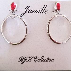Post attach hoop earrings with synthetic red coral stone.
